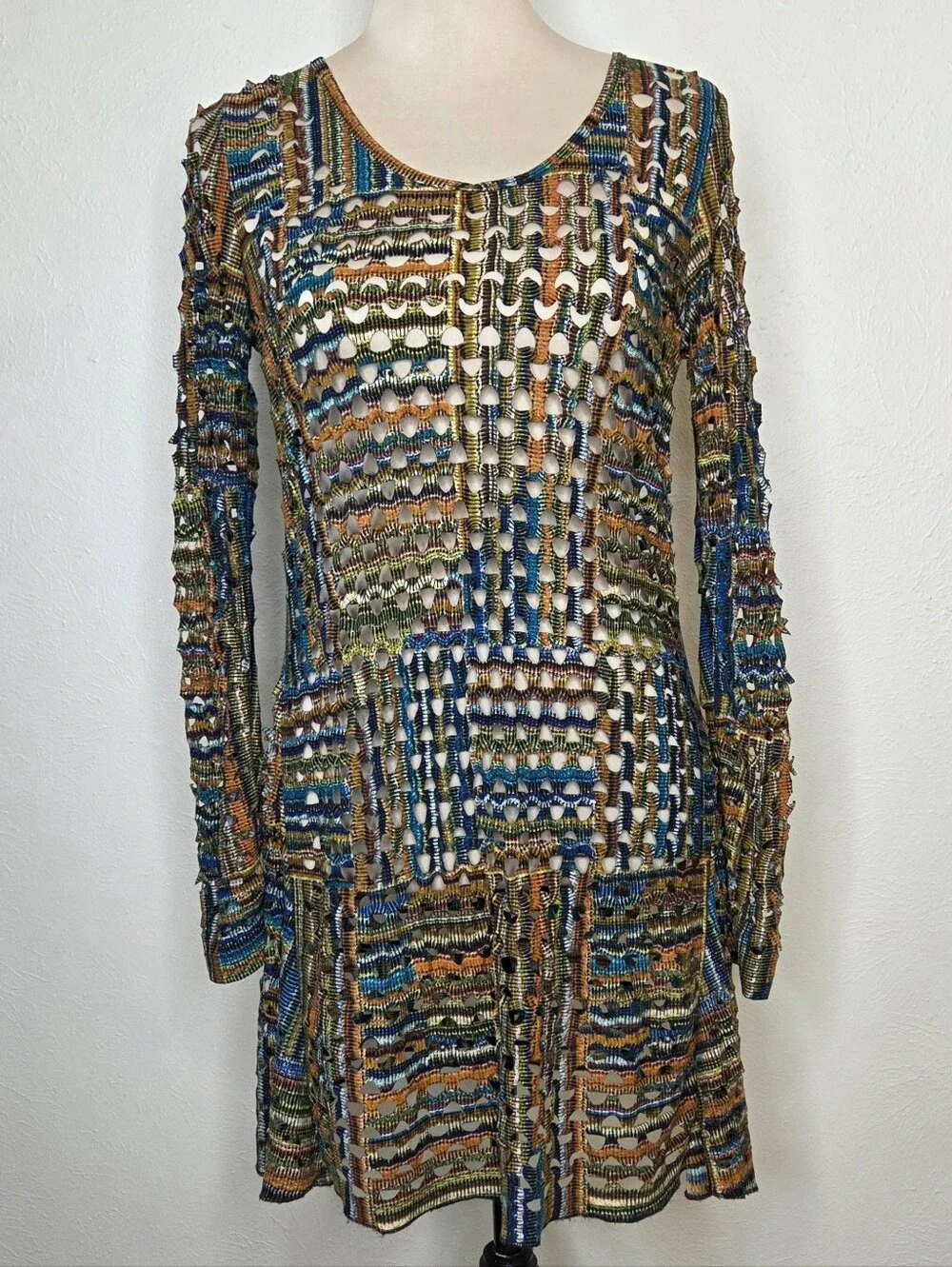 Adore Open Knit Mesh Mini Dress Medium Multicolor Artsy Boho Lagenlook Stretch M